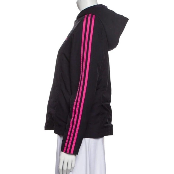 Adidas Windbreaker Hooded Full Zip Waterproof Navy/ Pink Strip Women’s Size L - Picture 1 of 6